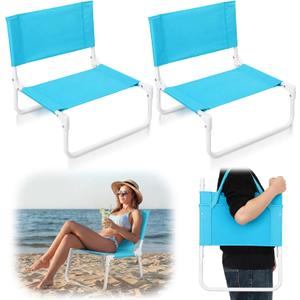 Sintuff 2 Pcs Blue Low Beach Chair for Adults Folding Portable Backpack Beach Chair with Shoulder Strap Poolside Lightweight Short Folding Flip Pool Seat for Edge of Pool Poolside Camping Picnic