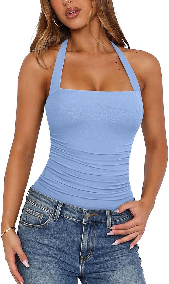 PINKMSTYLE Halter Square Neck Bodysuits for Women Mesh Sleeveless Thong Body Suits Tank Tops Double Lined Fitted Top