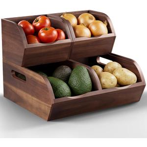 Acacia Wood Pantry Storage Bins - Stackable Open Front Kitchen Baskets with Airflow Vent for Potato, Onion, Fruit, Vegetable, and Bread Storage, Wood Organizer for Pantry and Countertop (Walnut)
