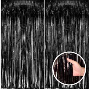 2 Pack Black Party Streamers Backdrop Tinsel Foil Fringe Curtains Halloween Party Decorations Birthday Wednesday Twilight Party Decorations Graduation Wizard Party Supplies (39.4"w X 78.7"l (Pack of 2))
