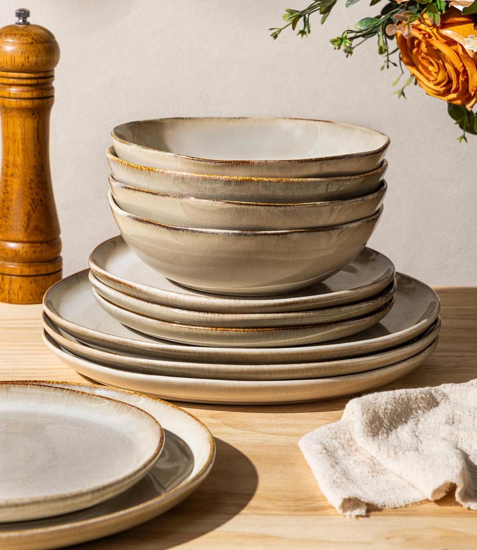 GBHOME Stoneware Dinnerware Sets for 4, 12 Pieces Rustic Earthenware Plates and Bowls Set, Handmade Reactive Glaze Ceramic Plate Sets, Chip Resistant Dishes, Microwave & Dishwasher Safe, Oatmeal Linen