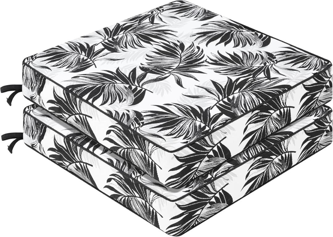 Favoyard Outdoor Chair Cushion 24 x 24 x 4 In Waterproof Pattern Fade Resistant Cushions for Patio Furniture with Removable Cover Attach Straps 28D Foam Insert Cushions Pads for Seat Sofa Couch 2 Pack (White Floral)