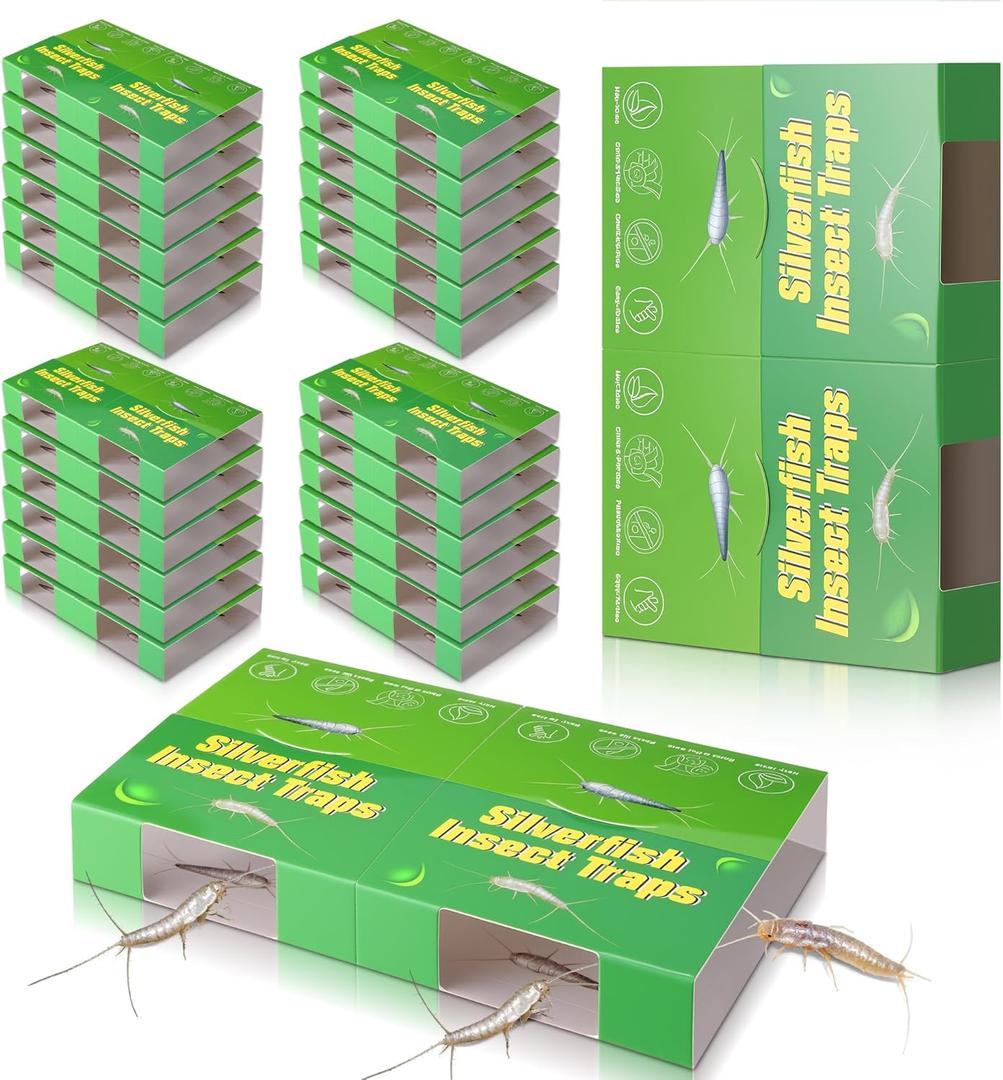 24 Pack Silverfish Trap, Silverfish Killer Indoor, Non-Toxic Sticky Glue Traps with Dual-Color & Pattern Lure for Crawling Insects, Safe for Kids & Pets, Use as 48 Small or 24 Large Detachable Traps