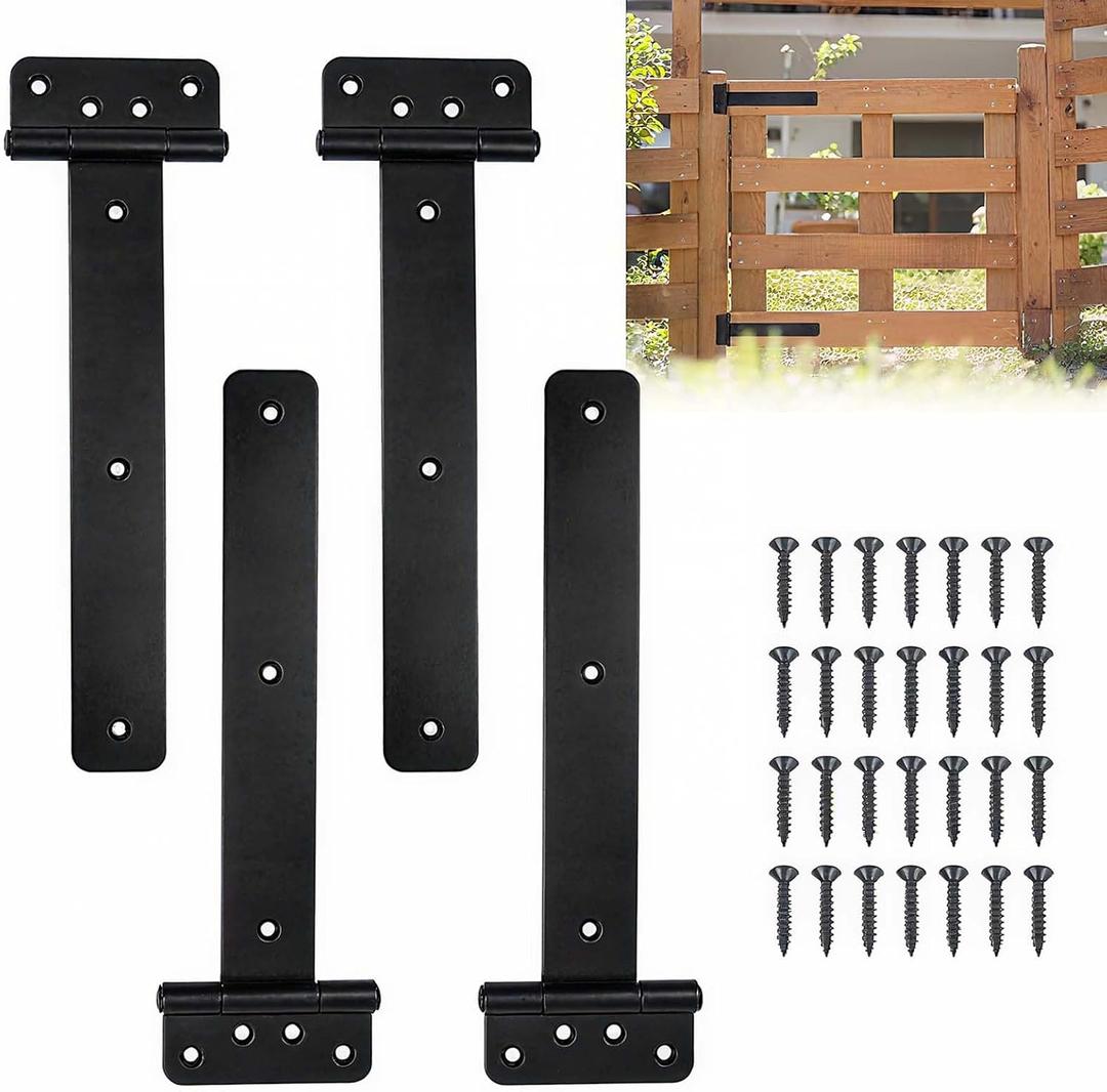4 Pack Heavy Duty Gate Hinges, T Strap Door Hinges Shed Gate Barn Fence Door Hinge, Black Wrought Rustproof Outdoor Tee Hinge for Wooden Fences, Barn Shed Garage Door Gates (11 Inch - 4 Pcs)