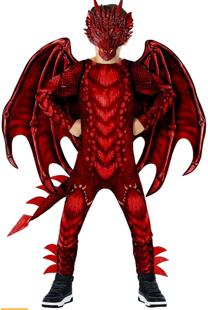 Morph Red Dragon Costume for Kids, Boys Halloween Dragon Costume with Wings, Fun Dress-Up for Parties and Events, M