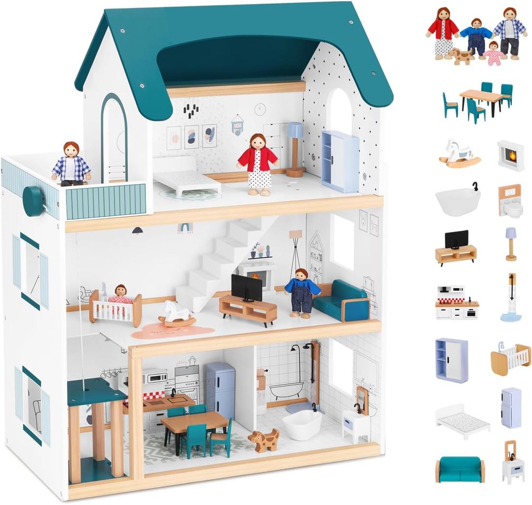 OOOK Wooden Dollhouse with Liftable Elevator - 2.6 Feet High Modern Doll House for Kids Toddlers - Including 21 Furniture Pieces, 4 Family Dolls, and 1 pet, One Size
