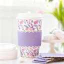 50 Pcs Spring Disposable Coffee Cups with Lids and Gold Foil Sleeves Purple Flower Paper Cups for Holiday Baby Shower Birthday Party Supplies, 16 Oz