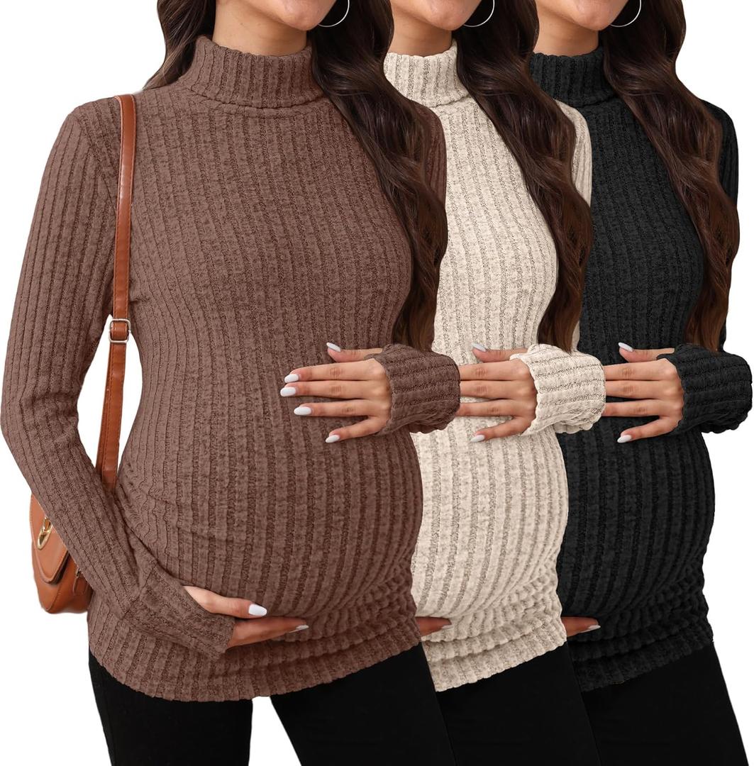 3 Pack Maternity T-Shirts Pregnancy Tops Women Sweater Long Sleeve Turtleneck Ribbed Finger Sleeve Outfits (Medium, Coffee, Apricot, Black)