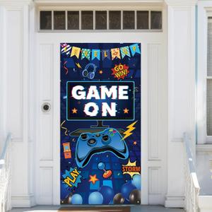 Blue Level Up Game On Door Banner,Video Game Party Decoration,Video Gaming Photo Door Backdrop Background,Video Games Handle Gamepad Theme Decor for Boys 1st Birthday Party.5.9 * 2.9FT