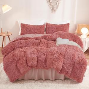 annadaif Fluffy Duvet Cover Full Size, Old Pink Plush Shaggy Faux Fur Comforter Cover Velvet Bedding Set with Zipper Closure(1 Duvet Cover, 2 Pillowcases)