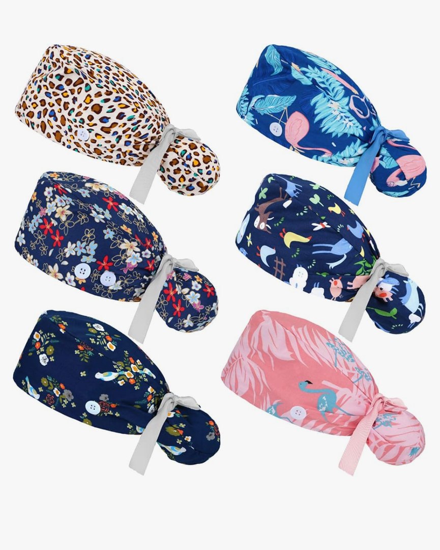 Honoson 6 Pcs Scrub Caps Women Nursing Hats with Buttons Adjustable Bouffant Nurse Hats Ponytail Holder Bouffant Turban