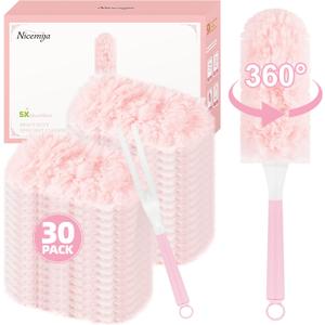 30 Count Pink Duster Refills Compatible with Swiffer Handle, 360 Multi-Surface Duster Refills with 1 Handle, 5X Microfibers Disposable Dusters for Home, Office Cleaning