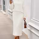 MEROKEETY Women's Fuzzy 2 Piece Outfit Winter Long Sleeve Off Shoulder Pullover Top Midi Skirt Matching Lounge Sets (White, XL)
