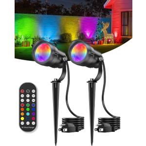 HIBOITEC 12W Christmas Spotlight Outdoor with Remote Plug Timer Color Changing 120V Landscape Lighting Waterproof Dimmable LED Spot Light for Yard Christmas Outside House Garden Tree Decoration 2Pack