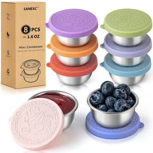 SANEXC 8 Pack - 1.6 Oz Small Salad Dressing Containers To Go, Leakproof Condiment Containers with Lids Reusable Stainless Steel Sauce Cups for Lunch Boxes Kitchen Storage Picnics Travel Meal Prep