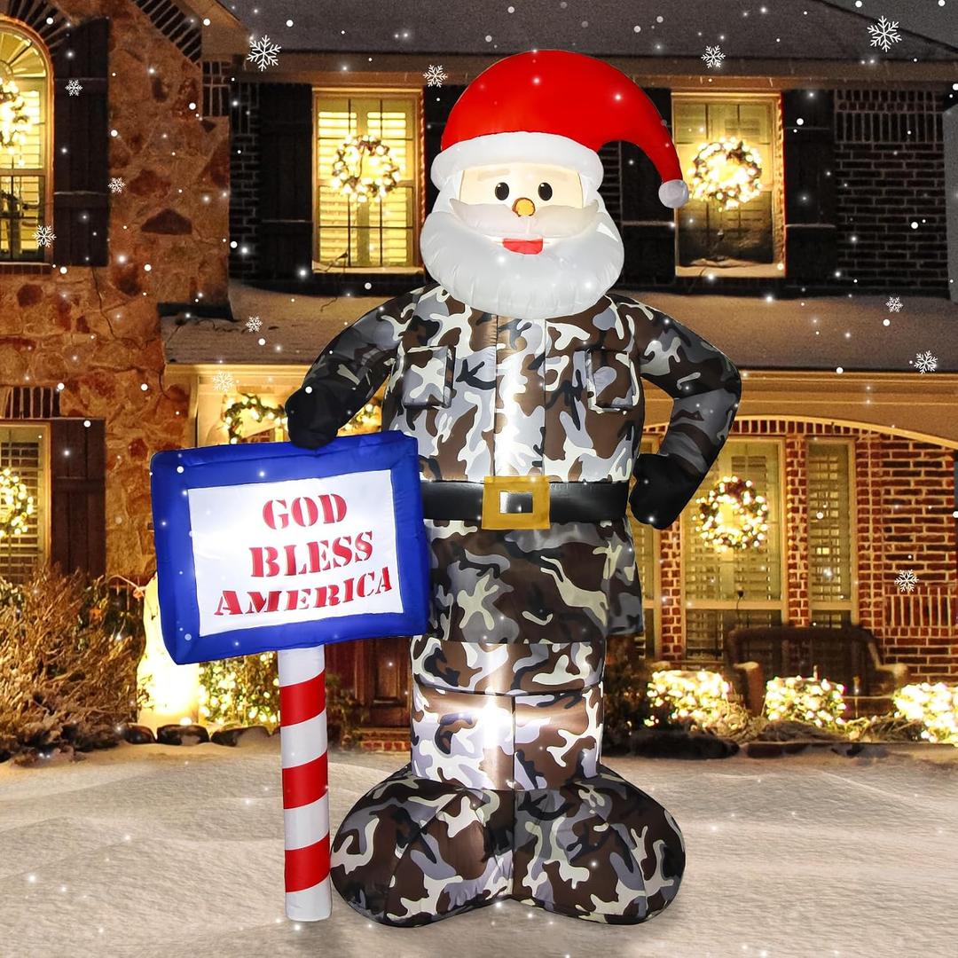 Christmas Inflatable Outdoor Decoration, 7FT Giant Blow Up Camouflage Santa Claus Xmas Decorations Soldier Army Gift, Built-in LED Lights Holiday Decor for Indoor Outside Lawn Garden