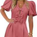 Cicy Bell Womens Cute Rompers Bow Front Puff Sleeve V Neck Short Jumpsuits Sexy Summer Outfits with Pockets (Red, M)