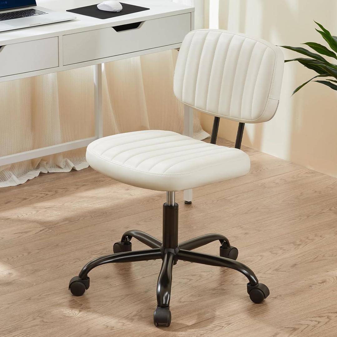 Sweetcrispy Small Office Computer Desk Chair with Wheels and Lumbar Support, Comfy Cute Armlees PU Leather Vanity Rolling Swuvel Task Chair No Arm for Adult, Student (Beige White)