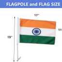 2 Pack India Car Flags 11" x 17" with Flagpole Mount,Premium 200D Polyester Indian National Car Flag,19" Flagpole Fixed Window Clip Mount for Most Vehicle Window.