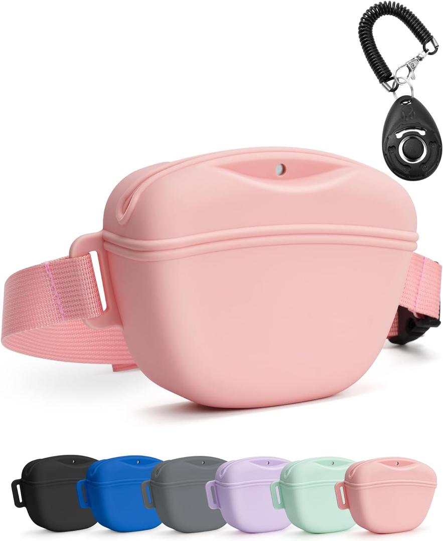 Dog Treat Pouch with Training Clicker, Upgrade Stronger Magnetic Closure to Avoid Spilling, 1.67 Cup Silicone Treat Bag Fanny Pack with Waist Belt for Pet Training Walking (Pink)