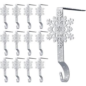 Gisafai Set of 12 Glitter Christmas Mantle Stocking Holders Snowflake Christmas Stocking Hangers Weighted Shiny Metal Fireplace Mantel Non-Slip Hooks for Xmas Party Decoration (Silver)