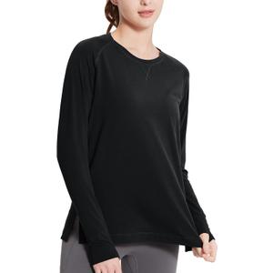 Baleaf Women's Long Sleeve Workout Tops Loose Athletic Shirts Crew Neck Yoga Top Running Hiking Raglan Tee SPF (Black, S)