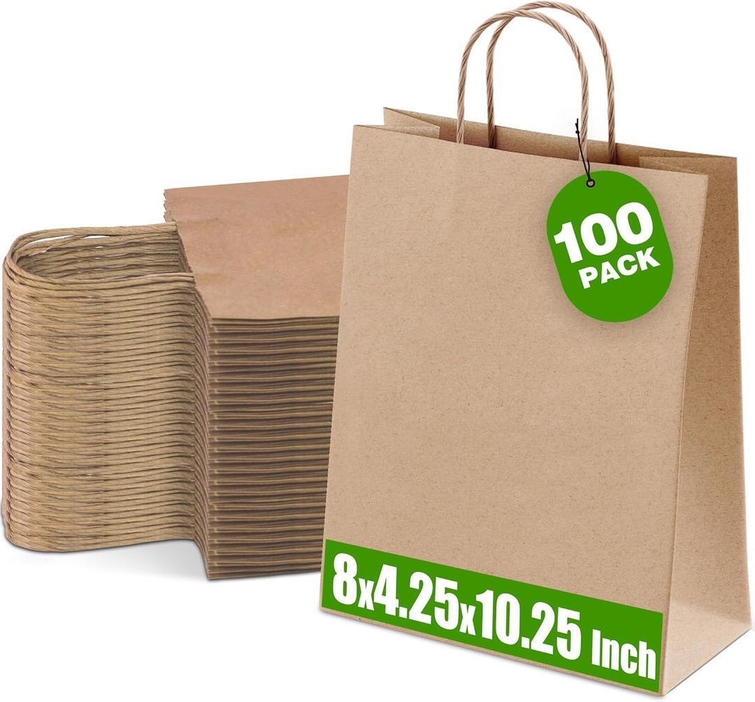Ginkgo 100 Pcs Paper Gift Bags with Handles, Medium Size Brown Paper Bags 8x4.25x10.25 Inch, Kraft Bag Bulk for Party, Favor, Holiday, Goodie, Grocery and Shopping