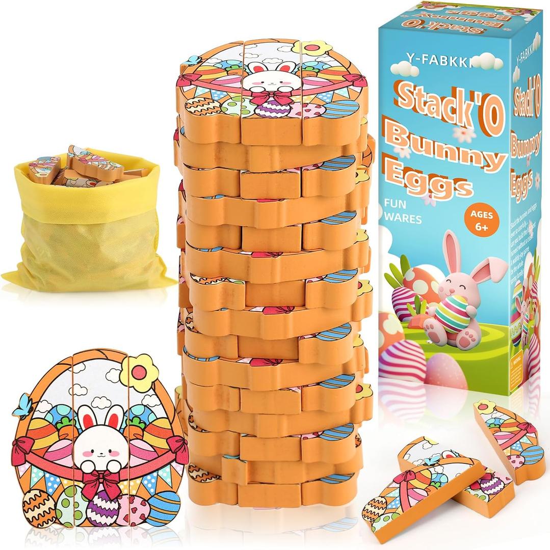 Easter Wooden Blocks Stacking Games, Bunny Egg Basket Theme Tumbling Tower and Balance Game for Adults, Kids, and Family Party, Stacking Board Toy with Storage Bag, Easter Party Activities Gifts