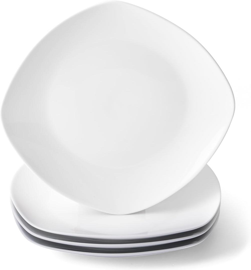 10" Square Dinner Plates Set of 4, White Ceramic Plates for Dinner, Salad, Appetizer & Dessert, Microwave, Dishwasher Safe Dinnerware for Kitchen, Perfect for Party Wedding Birthday & Christmas Dishes