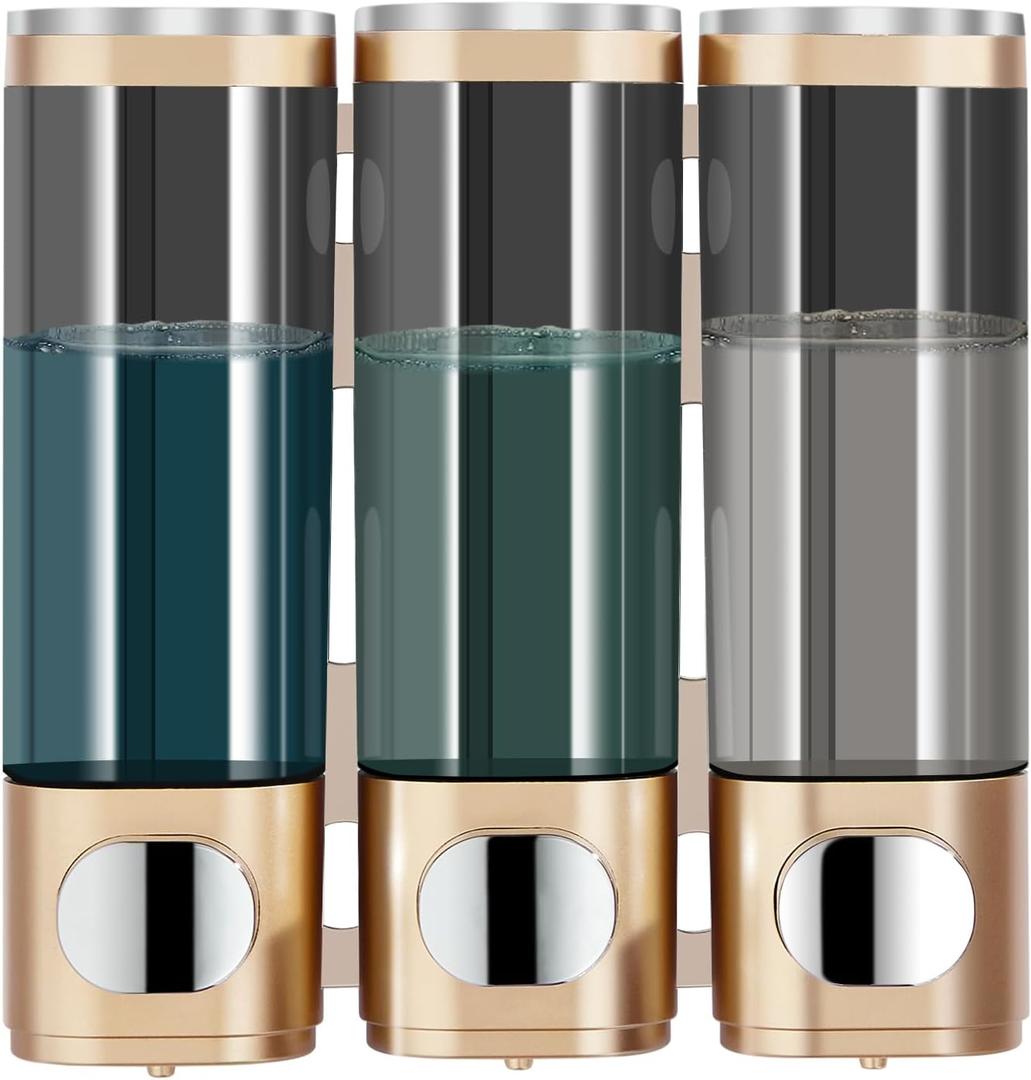 Pollock Shower Dispenser - 3 Chamber No Drill Mounted Shampoo, Conditioner, Body Wash Dispenser for Bathroom, Large Capacity, Gold