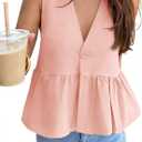 Tankaneo Womens V Neck Babydoll Tank Tops Peplum Ruffle Hem Sleeveless Shirts Summer Casual Button Down Flowy Tops Light Pink (Pink)