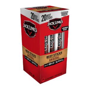 Jack Link's Beef Sticks, Original - Protein Snack, Meat Stick with 6g of Protein, Meat Snack Sticks Made with 100% Beef, Keto Friendly, Individually Wrapped - 0.92 Oz. (20 Count)