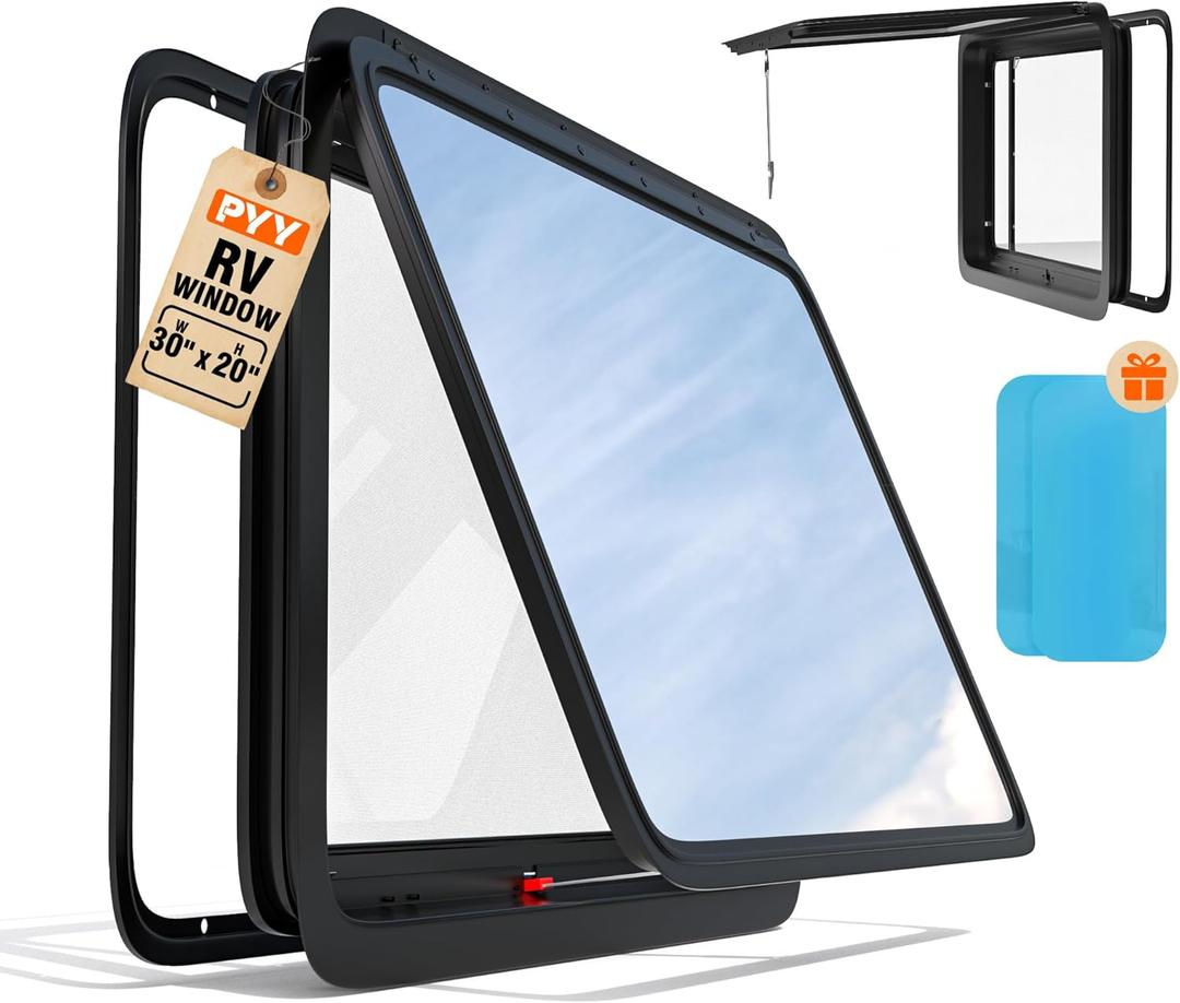 PYY RV Window Camper Window Replacement 30" W X 20" H RV Window W/ Screen & Trim Ring For 1-3/4" Wall Thickness Horizontal RV Emergency Exit Window for Camper Vans Trailers Motorhomes DOT certified