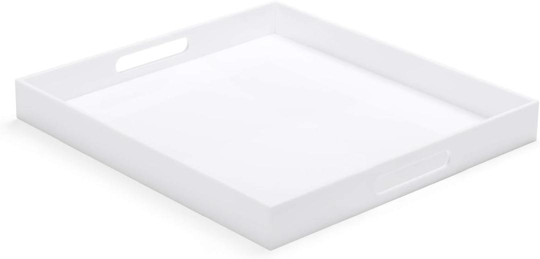White Acrylic Ottoman Tray with Cutout Handles 24x24 Inch Over-Sized Serving Tray Rubber Boot Organizer Decorative Tray for Living Room, Bedroom,Bathroom Entryway and Kitchen Tabletop
