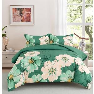 Menghomeus Green Floral Comforter Set King Size Soft Lightweight Comforter Bedding Sets for All Seasons, 3 Pieces, 1 Reversible Watercolor Flowers Comforter and 2 Pillow Shams (Green, 104" x 90")