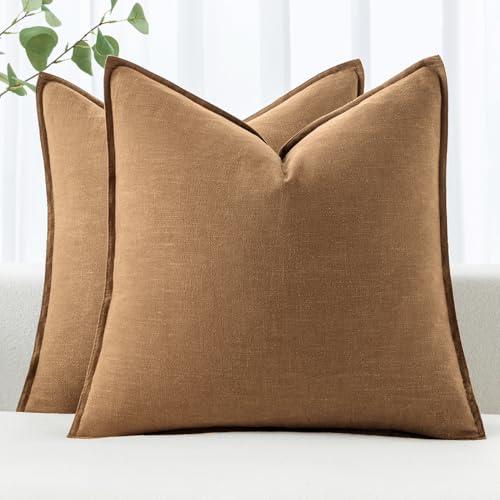 MIULEE Decorative Linen Euro Sham Pillow Covers 24x24 Brown ​Boho Farmhouse​ ​Neutral Couch Throw Pillows for Bed Pack of 2 Accent Modern Pillowcase Sofa Livingroom Home Decor