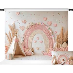 Kate Boho Rainbow Backdrop Pink 1st Birthday Photography Backdrops, 7x5ft
