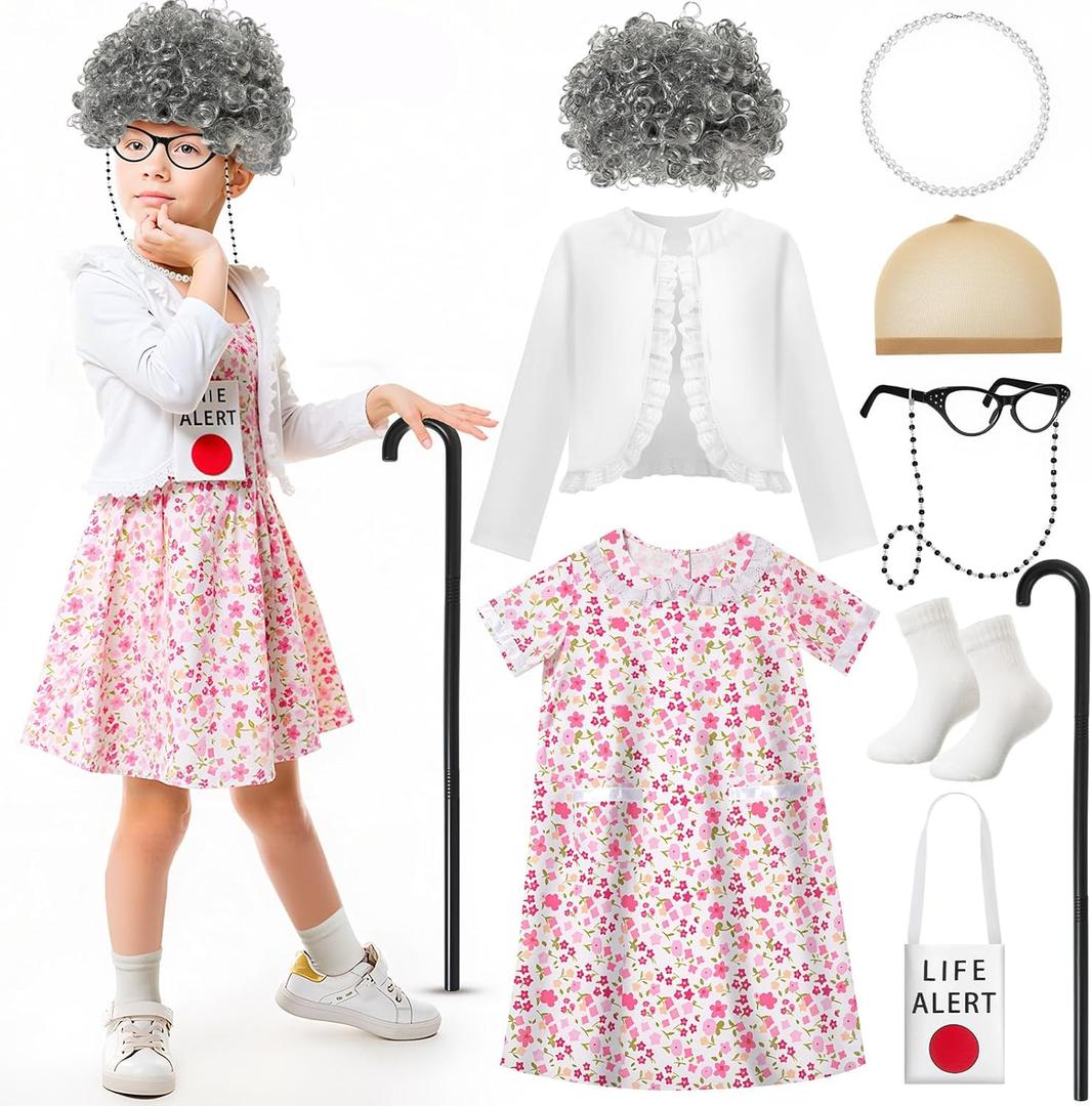 8 Pcs 100th Day of Old Lady Costume Granny Pink Dress Wig Accessories Outfit (Small)