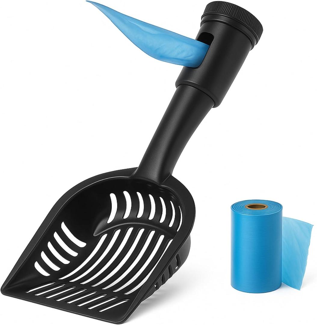 2-in-1 Pooper Scooper with Bag Attachment, Cat Litter Shovel Scoop with Bag, Built-in Dispenser, Includes Trash Roll, Rinse-Clean, Anti-Stick, Smart Sifter, Long Handle (Black)