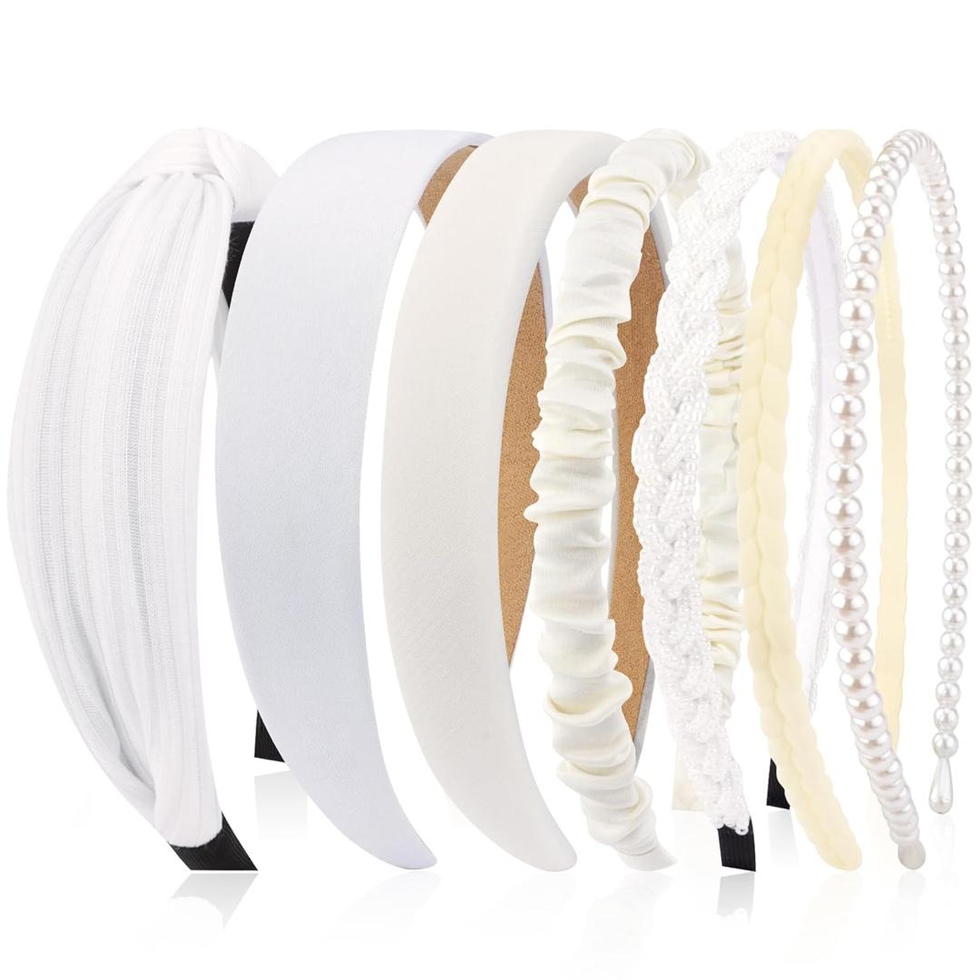 VELSCRUN Headbands for Women 7 Pcs Different White Fashion Knotted Solid Head Bands Pearl Headband Non Slip Hair Band for Womens Gilrs Thin Thick Short Hair Face Wash Hair Accessories