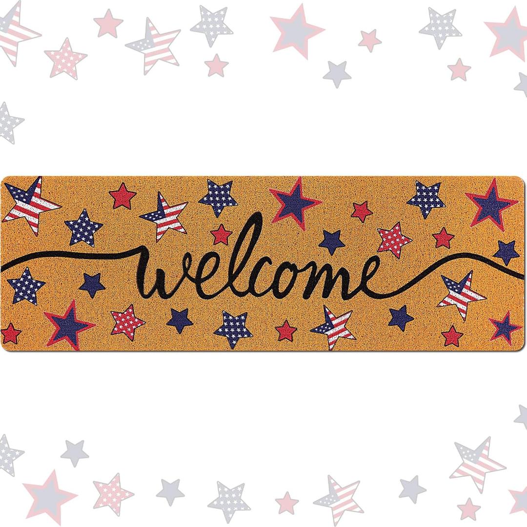Large Welcome Door Mat 48'' x 16'' Long Non Slip Front Doormat for Indoor Outdoor Entrance, Seasonal Decorative Rug for Holiday Home Porch Patio Entryway Decor(Brown,Independence Day)