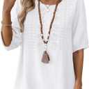 Kistore Women's Embroidered Blouses 2026 Short Sleeve Lace Trim Crew Neck Trendy Casual Tops Pullover Shirts (White, XXL)