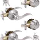 (2 Pack) Keyed Alike Front Door Lever Lockset with Single Cylinder Deadbolt Combination Set Wave Style Lever, Front Door/Exterior Door Knob with Lock and Deadbolt Satin Nickel Finished