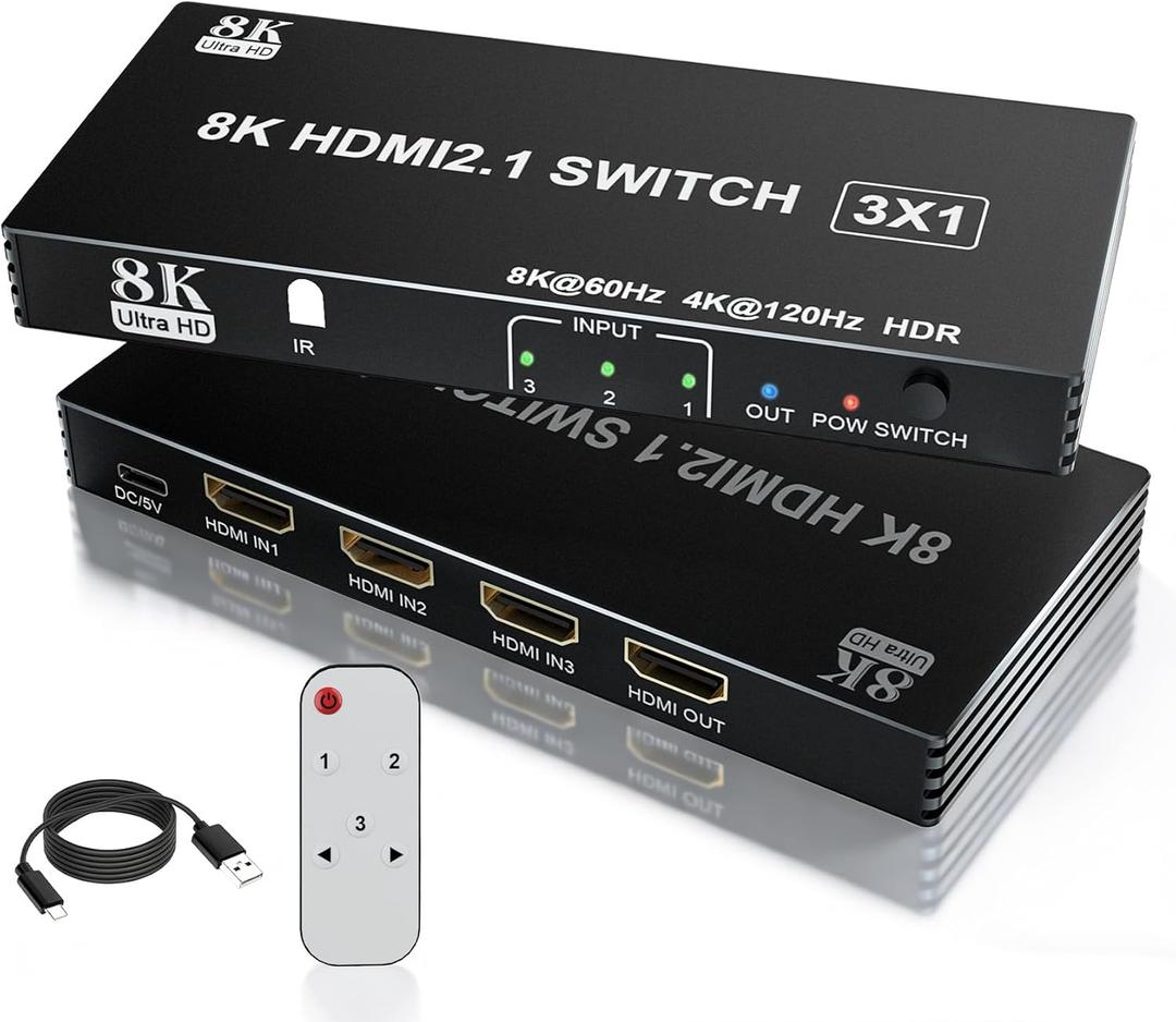 HDMI 2.1 Switch 3 in 1 Out, 8K@60Hz 4K@120Hz HDMI Splitter with Remote, 48Gbps, VRR, HDR10+, Dolby Atmos, CEC - Aluminum HDMI Switcher for PS5, Xbox, Switch, Roku, Fire Stick, Apple TV, Blu-ray Player