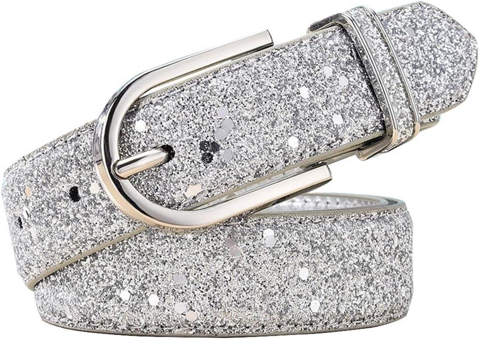 Fashion Sparkly PU Leather Waist Belts for Women Formal Dresses Jeans (L(35.5"-42"), Silver)