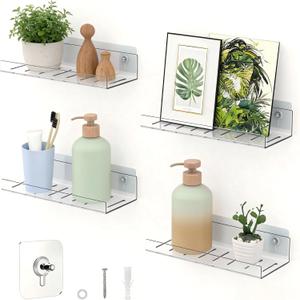4 Pack Floating Shelves  Clear Acrylic/PET Wall-Mounted No Drill Storage with Adhesive, Invisible Bathroom & Bedroom Shelving for Kitchen, Living Room, Transparent Decor (4-Piece Set)