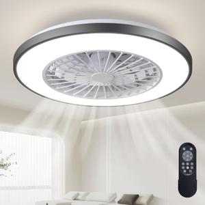 20'' Modern Low Profile Ceiling Fan with LED Light & Remote, Flush Mount Dimmable Fan for Bedroom, Living Room, Dining Room, Kitchen (Bitonal)
