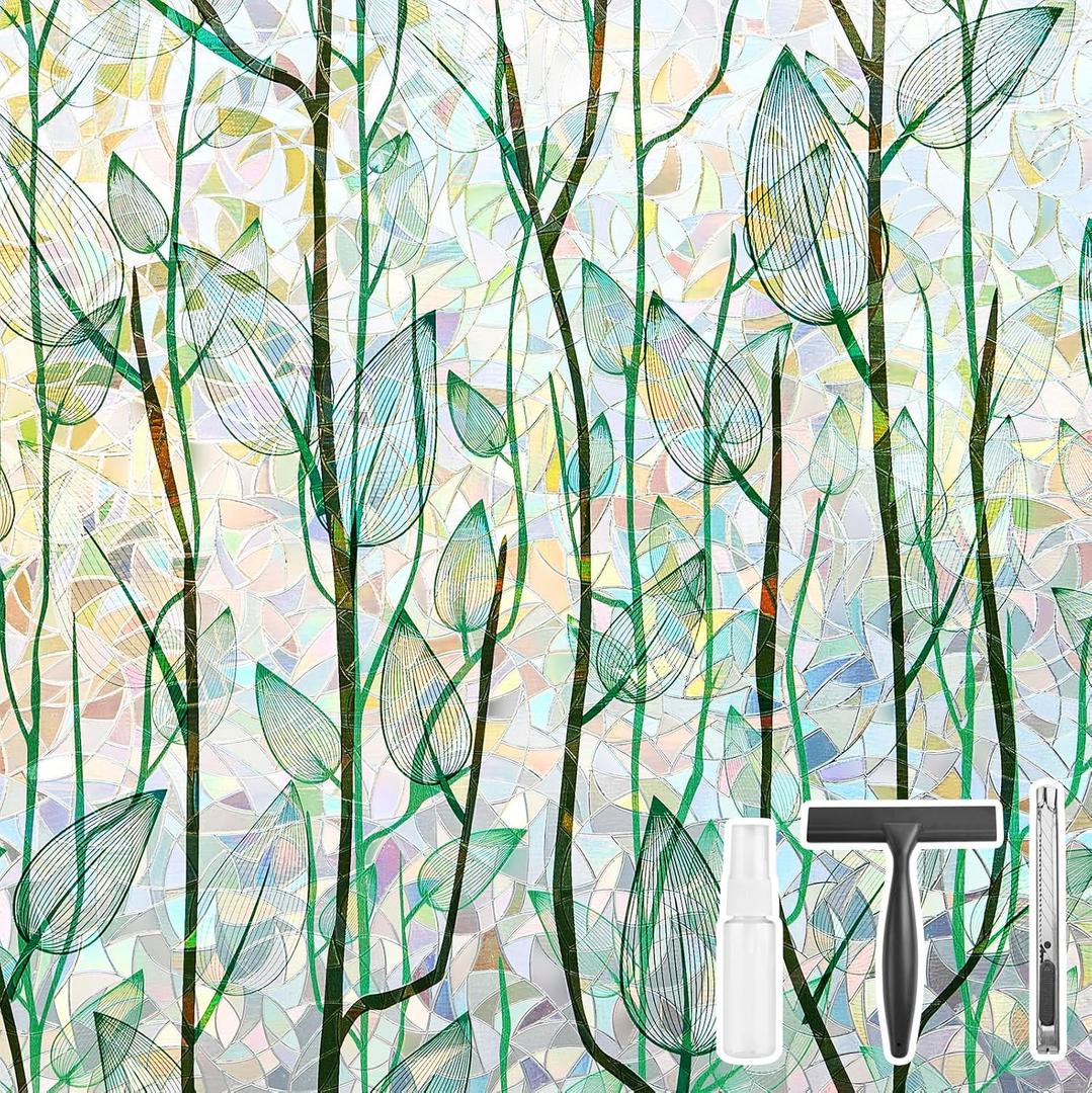 Finnez Window Privacy Film Window Film 3D No Glue Glass Sticker for Glass Door Home and Office Heat Control Anti UV (23.6 Inch x 6.5 Feet, Rainbow Grove)