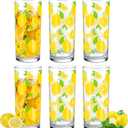 LemonRoad 6 Packs Lemon Pattern Highball Glasses 10 oz Tall Lemon Drinking Glasses Summer Drinkware or Iced Tea, Cocktails, Juice-summer Citrus Themed Glassware Set