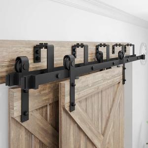 WINSOON 4FT-16FT Metal Sliding Bypass Barn Wood Door Hardware Kit System Bending Design Wall Mount Bracket Fit Double Wooden Doors (8FT)